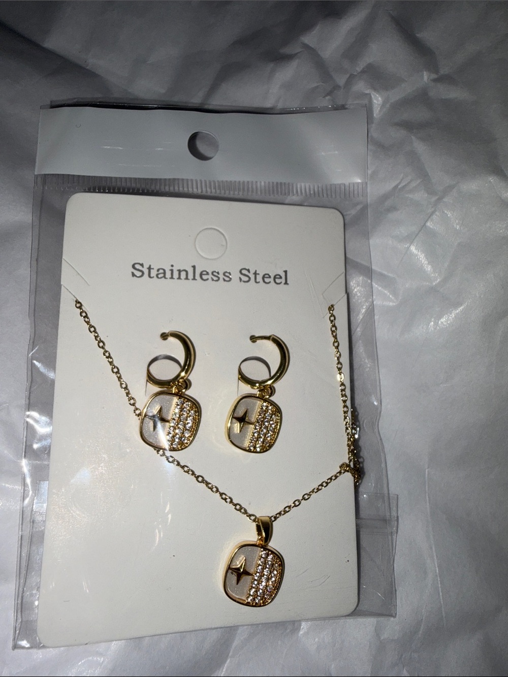 Gold Stainless Steel Pendant Necklace and Hoop Earring Set